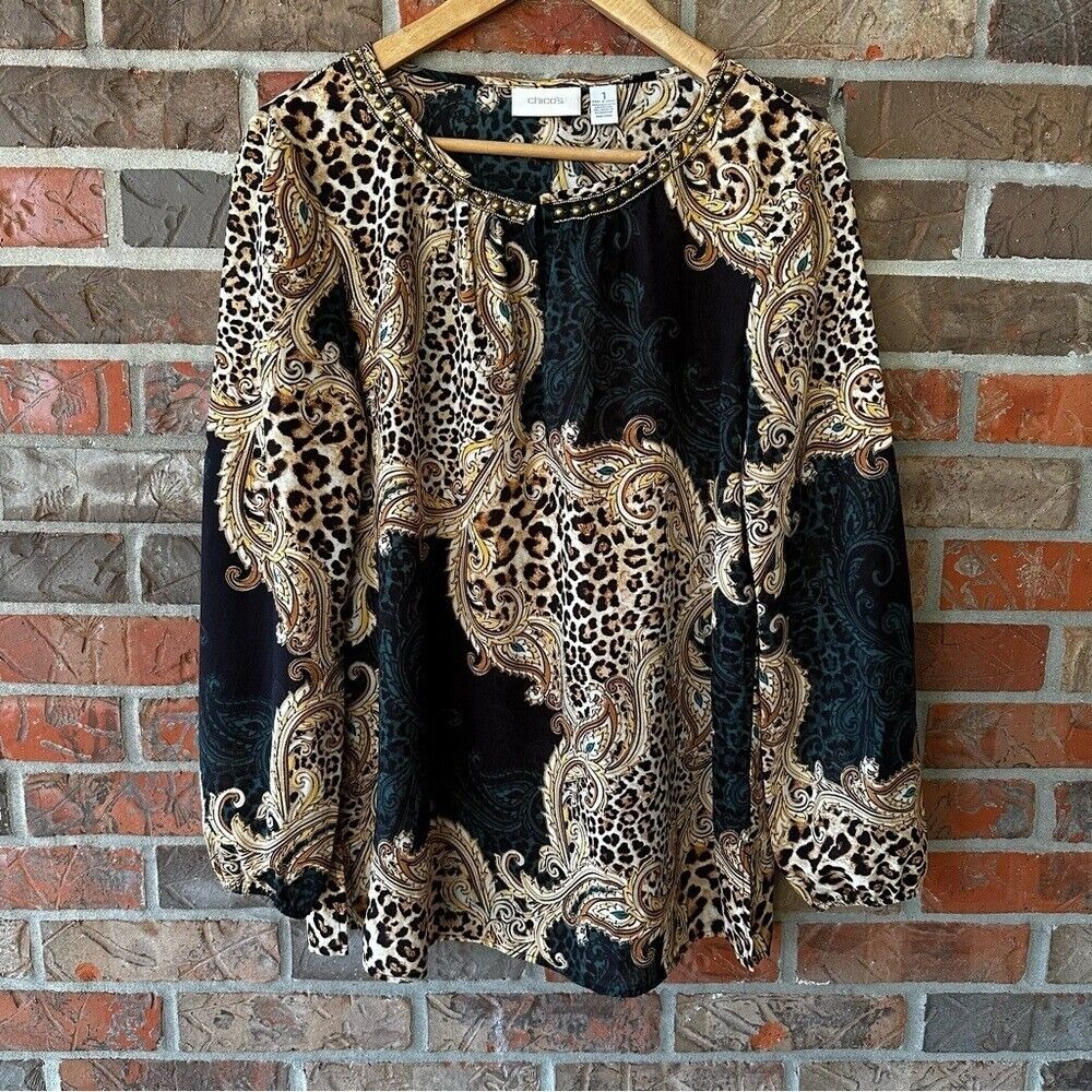 Chico's paisley & animal print embellished neckline long sleeve Sz 1 or Medium